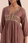 Buy_Priya Chaudhary_Brown Soft Chanderi Embroidered Floral Notched Round Yoke A-line Kurta With Pant 