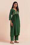 Priya Chaudhary_Green Soft Chanderi Embroidered Floral Notched Round Yoke A-line Kurta With Pant _Online_at_Aza_Fashions