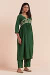 Buy_Priya Chaudhary_Green Soft Chanderi Embroidered Floral Notched Round Yoke A-line Kurta Pant Set _Online_at_Aza_Fashions