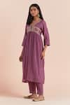 Buy_Priya Chaudhary_Purple Soft Chanderi Embroidered Floral Notched Round Pleated Waist Kurta _at_Aza_Fashions