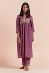 Priya Chaudhary_Purple Soft Chanderi Embroidered Floral Notched Round Pleated Waist Kurta _Online_at_Aza_Fashions