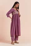 Buy_Priya Chaudhary_Purple Soft Chanderi Embroidered Floral Notched Round Pleated Waist Kurta _Online_at_Aza_Fashions