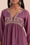 Shop_Priya Chaudhary_Purple Soft Chanderi Embroidered Floral Notched Round Pleated Waist Kurta _Online_at_Aza_Fashions