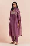 Priya Chaudhary_Purple Soft Chanderi Embroidered Floral Notched Round Pleated Waist Kurta _at_Aza_Fashions