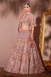 Buy_Chaashni by Maansi and Ketan_Beige Organza Embroidered Resham V-neck Geometric Mirror Work Bridal Lehenga Set _Online_at_Aza_Fashions