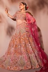 Buy_Chaashni by Maansi and Ketan_Orange Organza Embroidered Resham Leaf Paisley Floral Bridal Lehenga Set 