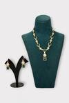 Shop_Zaza By Somya_Green Faux Diamond Coterie Synthetic Emerald Studded Necklace Set _at_Aza_Fashions