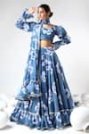 POMCHA JAIPUR_Blue Organza Printed Floral Sweetheart Ruffled Lehenga Set _at_Aza_Fashions