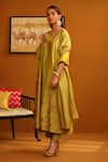 Buy_OMANA BY RANJANA BOTHRA_Green Kurta And Trouser Cotton Satin Applique Floral V Jasmine Straight Set _Online_at_Aza_Fashions