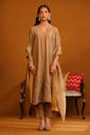 Shop_OMANA BY RANJANA BOTHRA_Beige Kurta And Trouser Cotton Satin Applique Floral V Neck Pakeeza Set _Online_at_Aza_Fashions