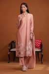 Buy_OMANA BY RANJANA BOTHRA_Pink Kurta And Trouser Cotton Satin Applique Floral V Neck Pakeeza Set _at_Aza_Fashions