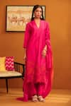 Buy_OMANA BY RANJANA BOTHRA_Pink Kurta And Trouser Cotton Satin Applique Floral V Neck Pakeeza Flower Set _at_Aza_Fashions