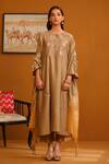 Buy_Omana By Ranjana Bothra_Brown Cotton Satin, Crepe, Silk, Organza Embroidery, Floral Kurta Trouser Set_at_Aza_Fashions