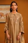 Shop_Omana By Ranjana Bothra_Brown Cotton Satin, Crepe, Silk, Organza Embroidery, Floral Kurta Trouser Set_Online_at_Aza_Fashions