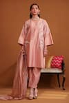 Buy_OMANA BY RANJANA BOTHRA_Pink Kurta And Trouser Cotton Satin Applique Floral Notched Huma Flower Set _at_Aza_Fashions