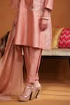 Buy_OMANA BY RANJANA BOTHRA_Pink Kurta And Trouser Cotton Satin Applique Floral Notched Huma Flower Set 