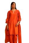 Shop_OMANA BY RANJANA BOTHRA_Orange Kurta And Trouser Cotton Satin Applique Huma Flower Patch Work Set 