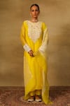 Buy_Neha Poddar_Yellow Kurta Organza Embroidered Cutwork Round Pant Set _at_Aza_Fashions