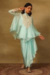 Buy_Neha Poddar_Blue Top Organza Embroidered Cutwork Mandarin Cape Skirt Set _at_Aza_Fashions