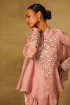 Neha Poddar_Pink Top Organza Embroidered Cutwork Mandarin Cape Skirt Set _Online_at_Aza_Fashions