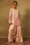 Buy_Neha Poddar_Pink Kurta Silk Embroidered Cutwork Round Short And Harem Pant Set _at_Aza_Fashions