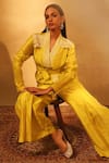 Neha Poddar_Yellow Pant Summer Silk Embroidered Mirror Lapel Top With _at_Aza_Fashions