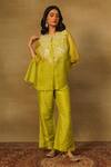 Buy_Neha Poddar_Green Short Kurta Organza Embroidered Pearl Closed Round Pant Set _at_Aza_Fashions