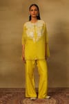 Buy_Neha Poddar_Yellow Short Kurta Organza Embroidered Pearl Round Pant Set _at_Aza_Fashions