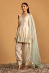 Esha Koul_Off White Chanderi Embroidery Gota V-neck Peplum Kurta And Salwar Set _at_Aza_Fashions