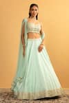 Esha Koul_Sky Blue Georgette Embroidery Gota Sweetheart Work Blouse And Lehenga Set _Online_at_Aza_Fashions