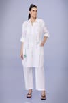 Buy_DILNAZ_White Blended Linen Embroidery Ivy Vine Collar Neck Pathani Tunic With Trouser _at_Aza_Fashions