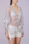 DILNAZ_Cream Stretch Power Net Embroidery Sequin Disco Pearl And Embellished Shorts _Online_at_Aza_Fashions