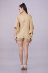 DILNAZ_Gold Blended Satin Plain V Neck Tassel Embellished Draped Kaftan _Online_at_Aza_Fashions