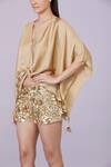Buy_DILNAZ_Gold Blended Satin Plain V Neck Tassel Embellished Draped Kaftan _Online_at_Aza_Fashions