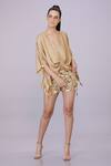 Buy_DILNAZ_Gold Blended Satin Plain V Neck Tassel Embellished Draped Kaftan 