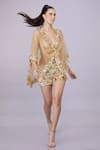 Buy_DILNAZ_Gold Stretch Power Net Embroidery Sequin Encrusted Shorts _at_Aza_Fashions