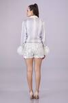Shop_DILNAZ_Grey Blended Satin Striped Tie Dye Collar Neck Feathered Cuff Shirt _at_Aza_Fashions