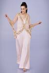 Buy_DILNAZ_Peach Net And Blended Satin Embroidery Crystal V Neck Sequin Kaftan With Jumpsuit _at_Aza_Fashions