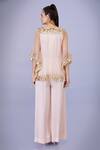 Shop_DILNAZ_Peach Net And Blended Satin Embroidery Crystal V Neck Sequin Kaftan With Jumpsuit _at_Aza_Fashions