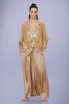 Buy_DILNAZ_Gold Net And Blended Satin Embroidery Crystal V Sequin Sheer Kaftan With Jumpsuit _at_Aza_Fashions