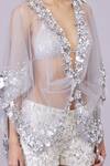 DILNAZ_Grey Net Embroidery Crystal V Neck Flower Sequin Sheer Kaftan _Online_at_Aza_Fashions