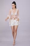 Buy_Dilnaz_Peach Net Embroidery Floral Lace V Neck Sheer Kaftan_at_Aza_Fashions