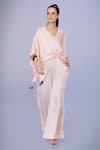 Buy_DILNAZ_Peach Blended Satin Plain V Neck Draped Kaftan With Jumpsuit _at_Aza_Fashions