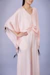 DILNAZ_Peach Blended Satin Plain V Neck Draped Kaftan With Jumpsuit _Online_at_Aza_Fashions