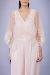 DILNAZ_Peach Net And Blended Satin Embroidery Floral Lace V Neck Kaftan With Jumpsuit _Online_at_Aza_Fashions