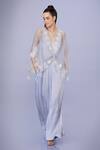 Buy_DILNAZ_Grey Net And Blended Satin Embroidery Floral Lace V Flower Kaftan With Jumpsuit _at_Aza_Fashions