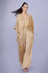 Buy_DILNAZ_Gold Blended Satin Plain V Neck Tassel Work Kaftan With Jumpsuit _at_Aza_Fashions