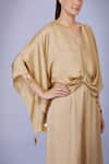 DILNAZ_Gold Blended Satin Plain V Neck Tassel Work Kaftan With Jumpsuit _Online_at_Aza_Fashions