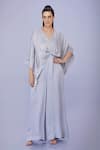 Buy_DILNAZ_Grey Blended Linen Plain V Neck Draped Kaftan With Jumpsuit _at_Aza_Fashions