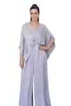 Shop_DILNAZ_Grey Blended Linen Plain V Neck Draped Kaftan With Jumpsuit _Online_at_Aza_Fashions